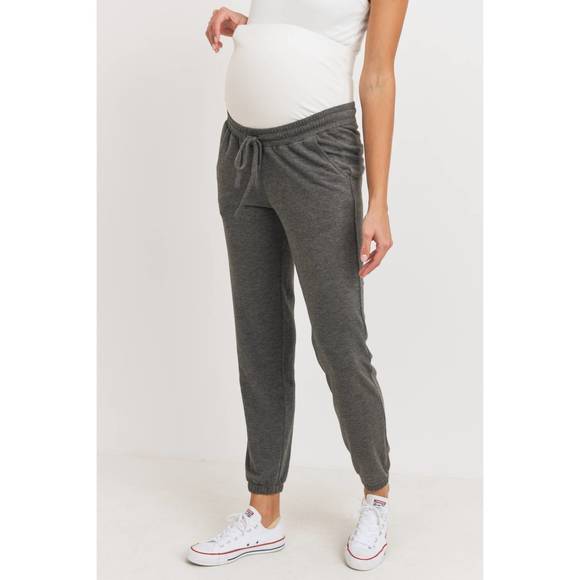 NEW HELLO MIZ two-tone brushed terry maternity sweatpants in charcoal - Picture 2 of 6